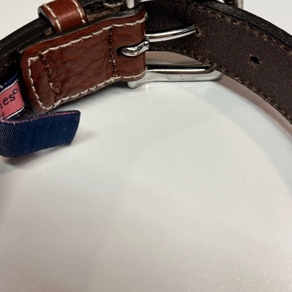 Vineyard Vines Belt Blue and White checked Cotton Leather Trim  Size 34